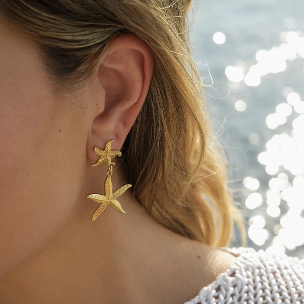 Striped Double Starfish Drop Earrings for Women Stainless Steel PVD Ribbed Star Ear Stud Party Gifts Beach Vintage Jewelry Aros