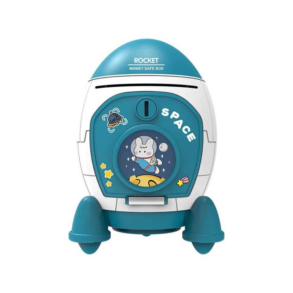 Robuste, niedliche Spardose in Raketenform aus Kunststoff mit Cartoon-Aufklebern – vielseitig verwendbare Geldkassette – ideales Geschenk für Kinder_voghion.com