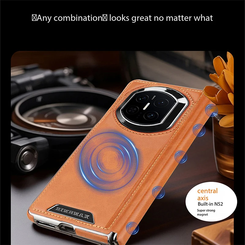 Leather Central Axis Phone Case with Magnetic Wireless Charging and Electroplating Protection