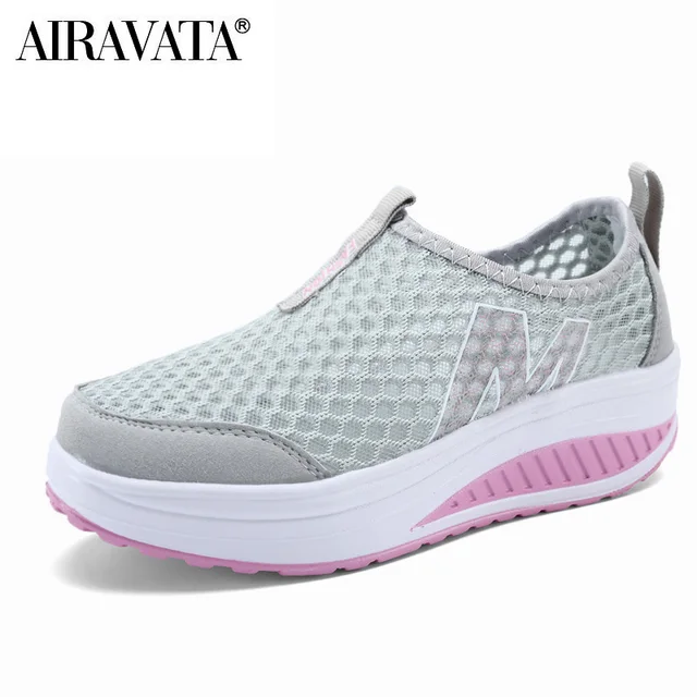 Women Casual Breathable Sneakers Lady's Shake Fitness Sport Shoes Fashion Mesh Fabric Slip-on Shoes Gray