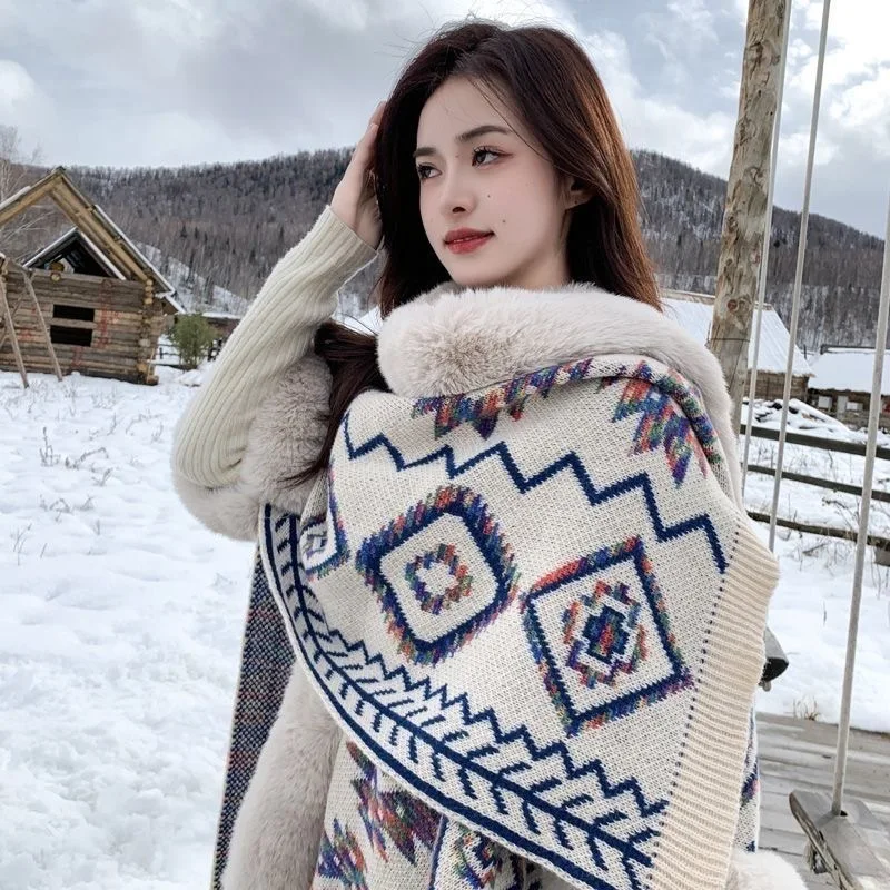 Ethnic Autumn Keep Warm Hooded Shawl Cape main image 0