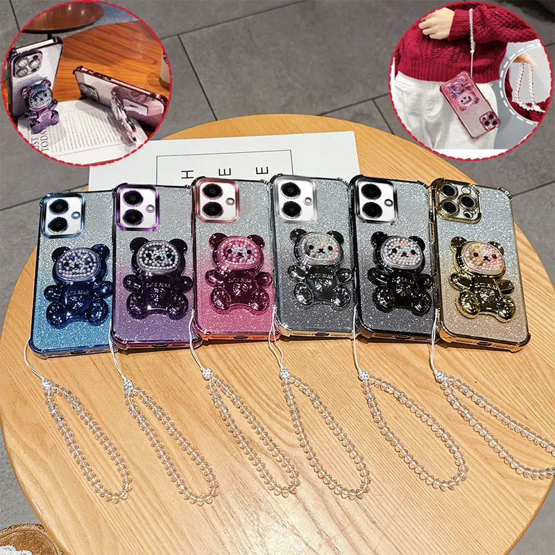 Shockproof Transparent Phone Case with 3D Bear Stand and Glitter Chain Lanyard
