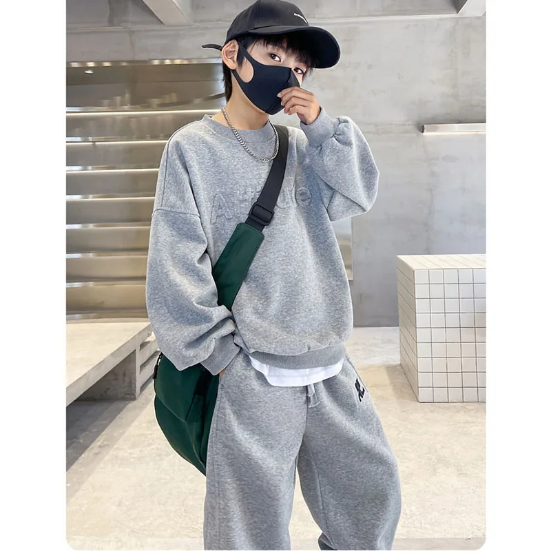 Teen-agers Boys Sports Clothing Set Solid Color Letter Print Sweatshirt+ Pants 2Pcs For 5-14Y Kids Spring Autumn Leisure Suit