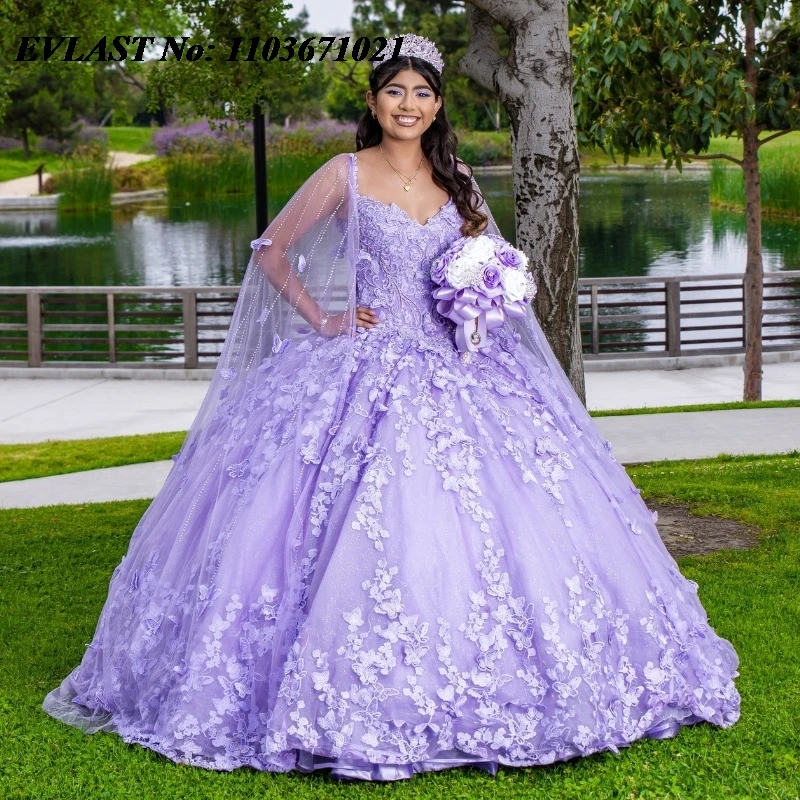 Quinceanera Dress Ball Gown Butterfly Applique Beaded with Cape Sweet 16