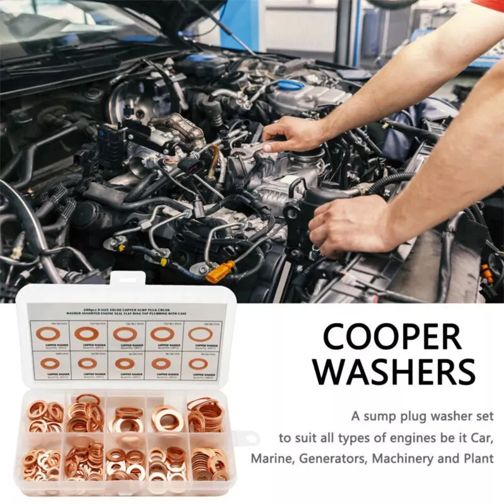 200pcs Copper Washer Gasket Nut & Bolt Set - Perfect For Sump Plugs - Includes Box & Assorted Sizes (M5/M6/M8/M10/M12/M14)