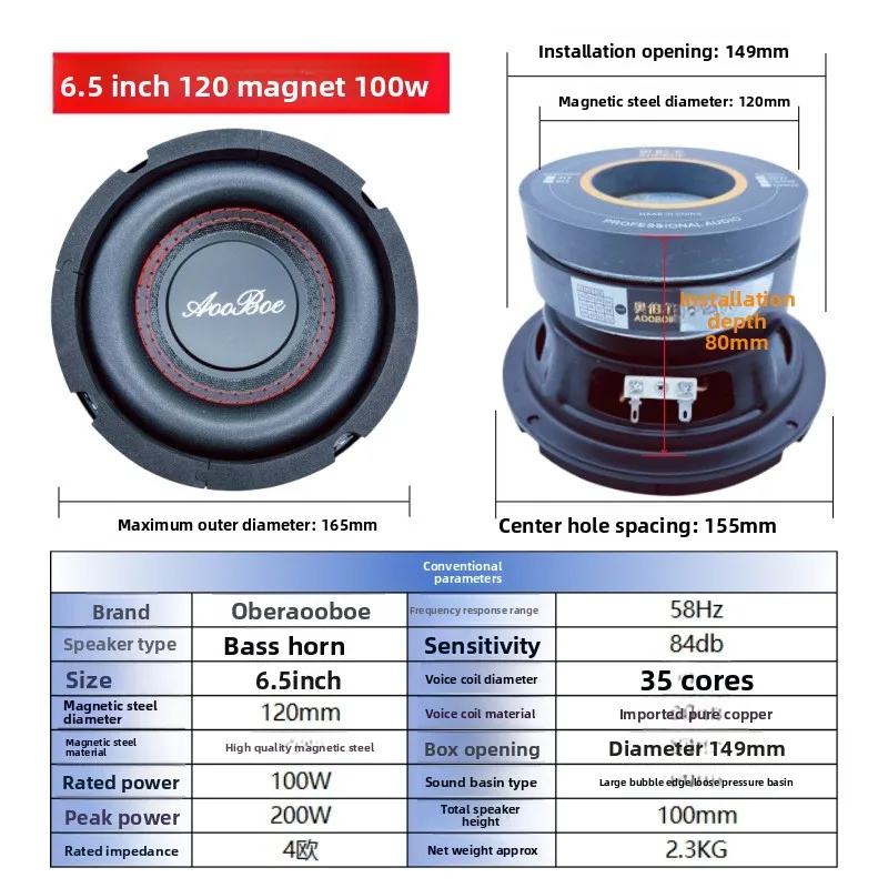 소타미아 1개 200W 6.5인치 서브우퍼 스피커 4옴 대형 버블 엣지 듀얼 120 마그네틱 35 코어 파워 스피커 홈시어터 오디오