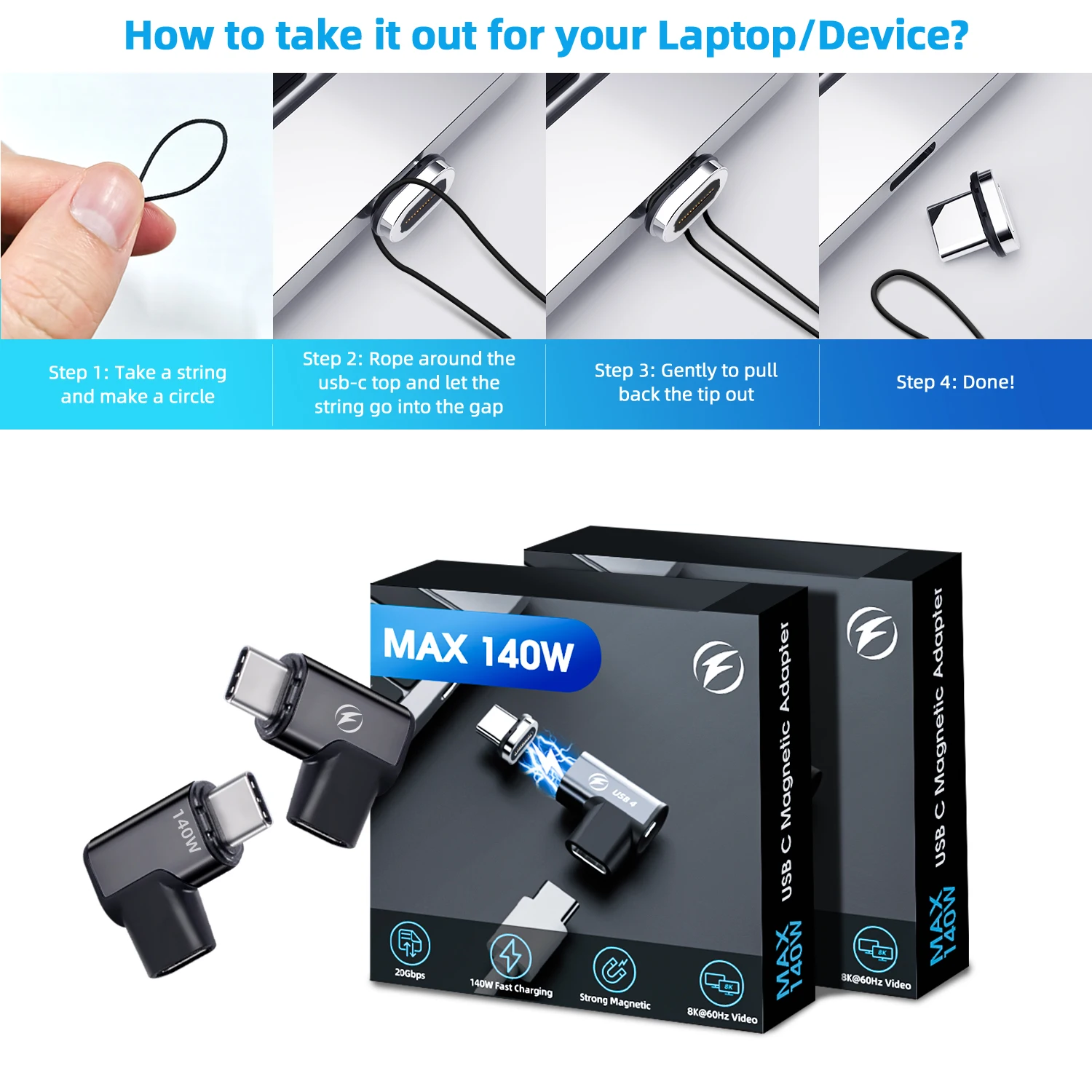 Fonken-Usb c형 마그네틱 케이블 커넥터, 8K @ 60Hz 140W 40Gbps USB c형 고속 충전 데이터 전송 OTG 어댑터 USB4.0
