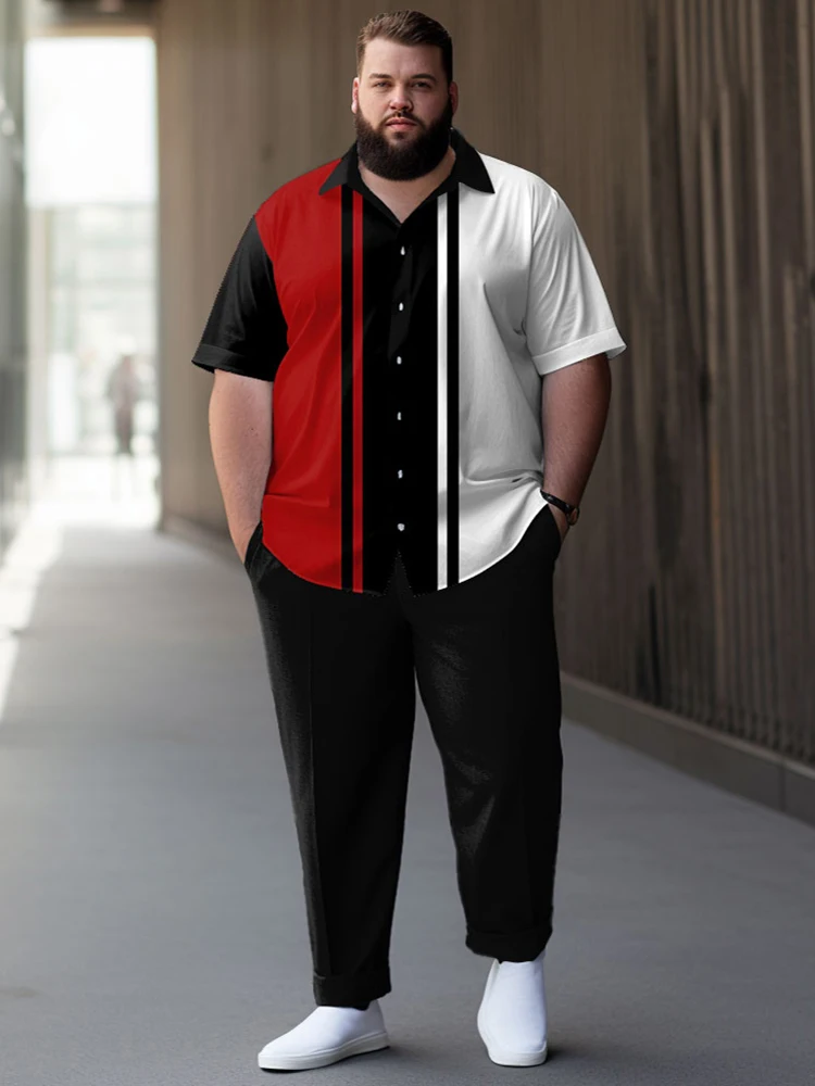 ZOOY (L-9XL) Men's Large Bust 202cm Waist 166cm Set Business Color Block Pattern Casual Daily Short sleeved Shirt and Pants Set