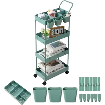 Storage Cart on Wheels, Bathroom Organizer Slim Laundry Cart Narrow Shelf Cart with Wheels Dividers Hanging Cups Hooks 5