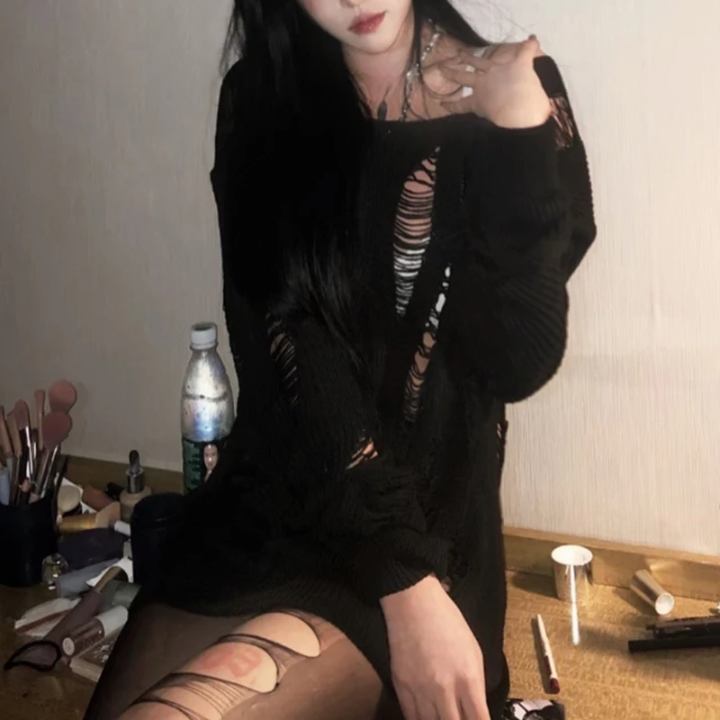 mulheres goth escuro buraco split malha blusas preto gótico senhora oco para fora legal pulôver camisola outono sexy ver através pulôver pull jumpers