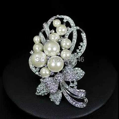 

Minimum Order $12 Rhodium Silver Tone 3" Faux Pearl Rhinestone Crystal Diamante Wedding Bouquet Brooch