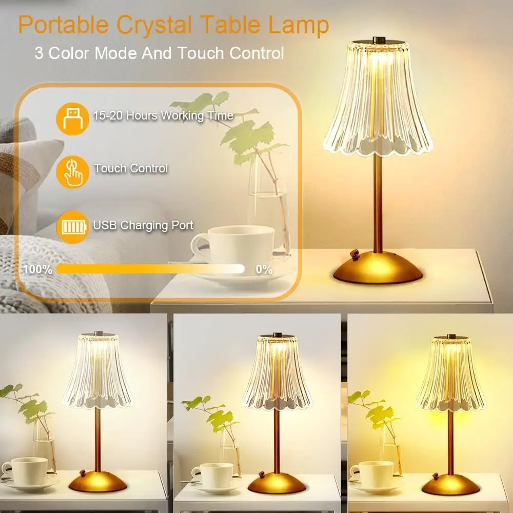 LED Table Lamps 3 Color Touch Dimming Night Light USB Rechargeable Cordless Atmosphere Bedroom Bedside Reading Lamps Decor Light 3