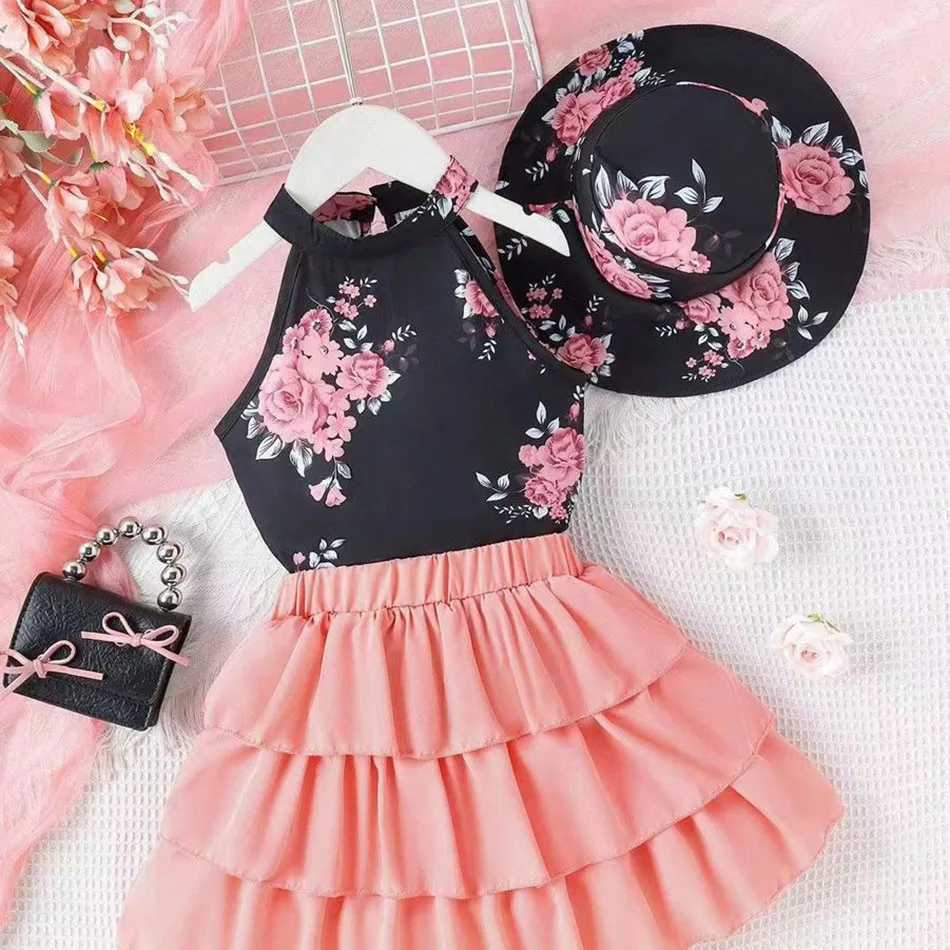 

Детская одежда, летний топ без рукавов с подвесным воротником и принтом для девочек, в комплекте с шапкой и юбкой-тортом, комплект из трех предметов, Детские комплекты