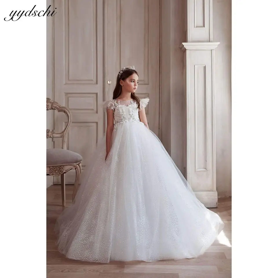 

Luxury White Glitter Tulle Flower Girl Dress For Wedding 2023 Princess Lace Applique Pageant Ball Gown Kid First Communion Gowns