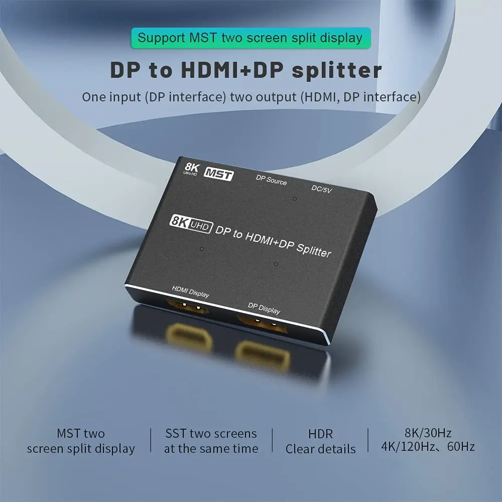 DP1.4 to HDMI ȣȯ ÷ Ʈ й, UHD 1x2 MST SST , DP HD  ÷ й HDR 4:4:4, 8K @ 30Hz, 4K @ 120Hz