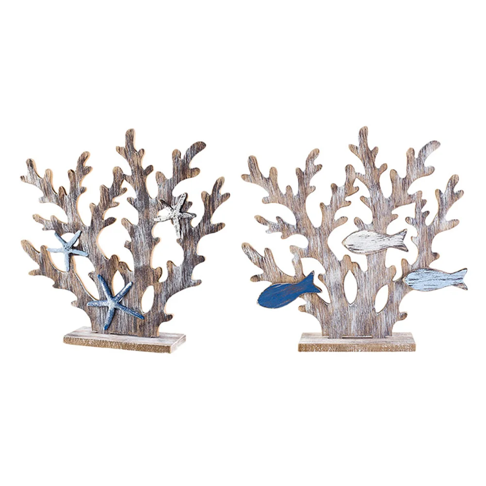 

2 Pcs Coral Tree Ornaments Crafts Ocean Decorations Puppet Wood Design Adornments Wooden Reef Statues Table