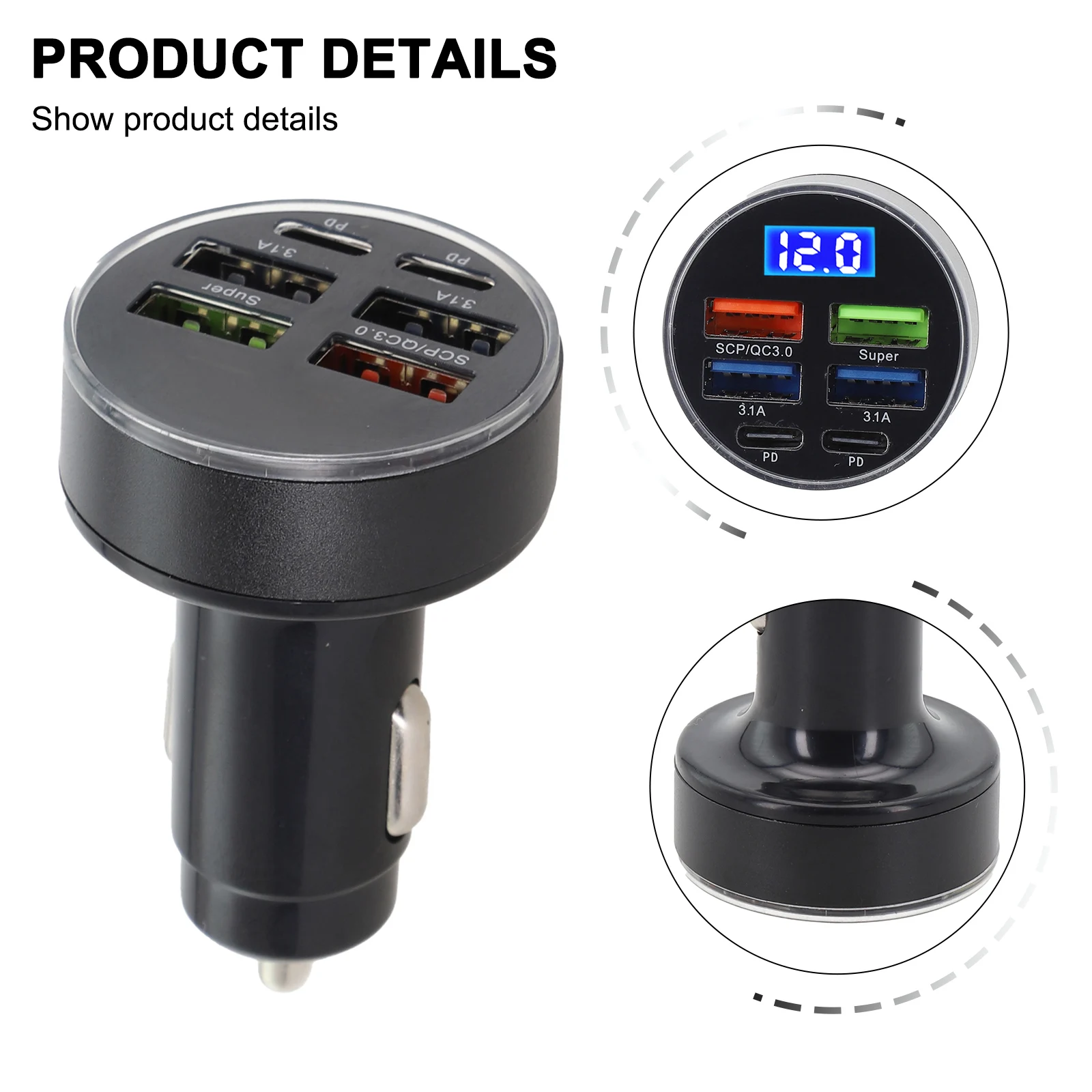 

Fast Charging Output Overcurrent Protection Car Charger LED Display Voltage Input High Gloss Shell Input Voltage MINI METAL