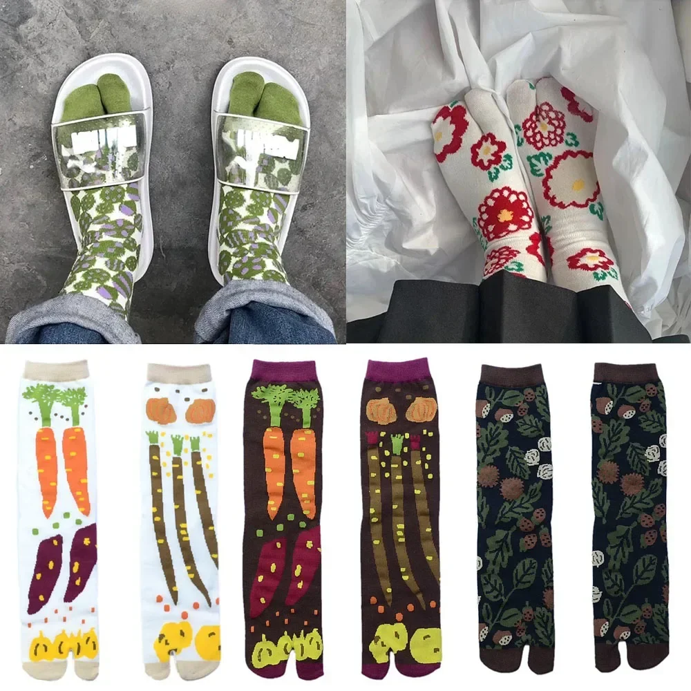 10Pcs/lot Multi-color Jacquard Carrot Chestnut Flower Literary Cute Two-toe Socks Middle Tube Tabi Split Toe INS Tide Socks