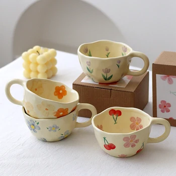 Tazze in ceramica Tazze da caffè Pizzicate a mano Fiore irregolare Tazza da tè al latte Ins Stile coreano Tazza da colazione con farina d'avena Bicchieri da cucina 1