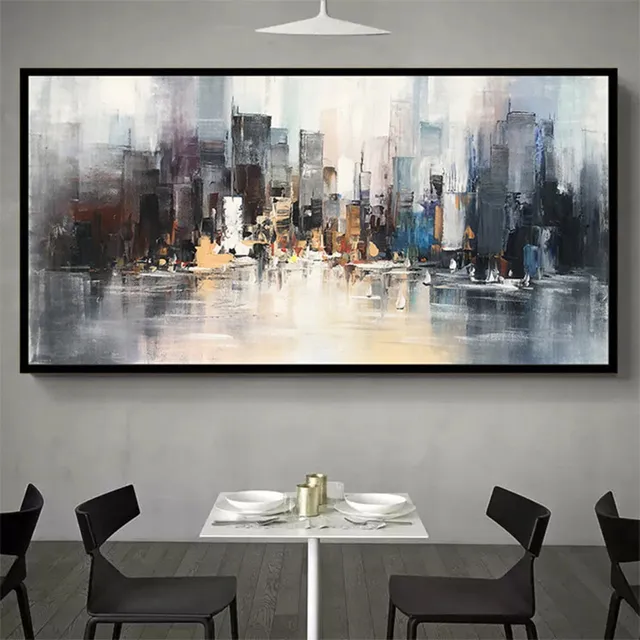 Hand-Painted Original Cityscape Oil Painting Canvas Large Knife Painted Abstract Seascape Architecture Wall Art For Home Decor