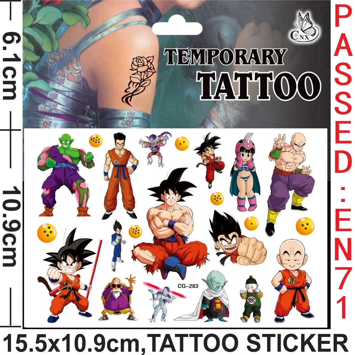 thumbnail image 1 of Pegatinas de tatuaje de Dragon Ball Anime Periphery Son Goku Vegeta, pegatinas de transferencia de agua, calcomanías de dibujos animados para niños, decoración, regalos de cumpleaños, 1 of 4