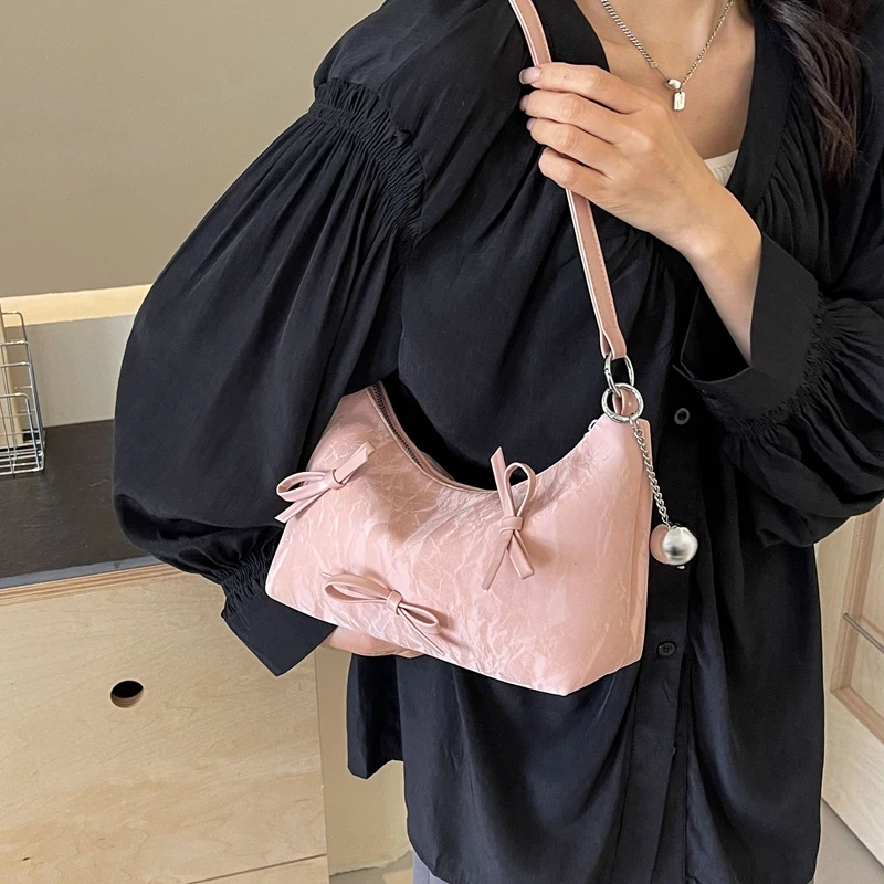 Bow Design Cute Small Crossbody Bags with Short Handle for Women 2024 Designer Handbags and Purses PU Leather Shoulder Bag