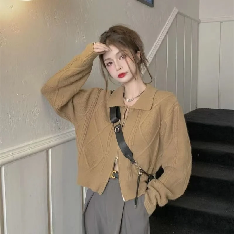 

Американский Ретро отворот шикарный двойной молнии вязаный кардиган осень 2023 новый дизайн чувство жареное тесто скручивается свитер кардиган для женщин