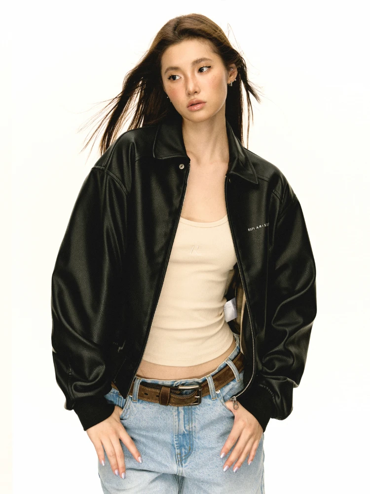 Leather Coat Black Women's Lapel Zipper Pu Loose Material American Retro Fashion New Jacket Top Fashion All-Match Autumn Winter