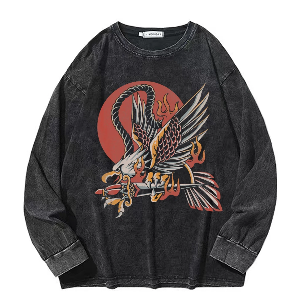 

Hip Hop Streetwear Fashion Washed T-Shirt 2023 Men Anime Graphic Printed T Shirt Long Sleeve Harajuku Cotton Black Tops Tees