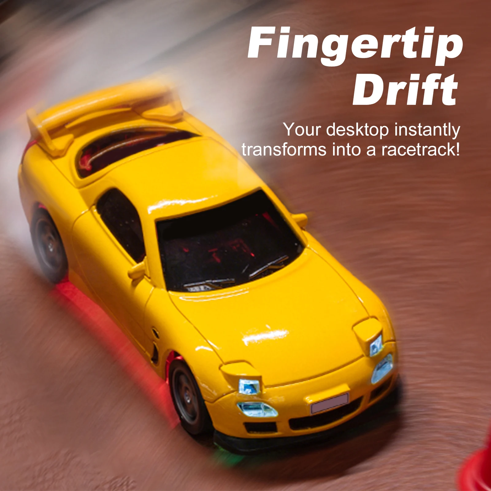Dessous de la voiture RC drift 4x4 1:43 montrant les roues et la suspension, avec éclairage LED bleu.