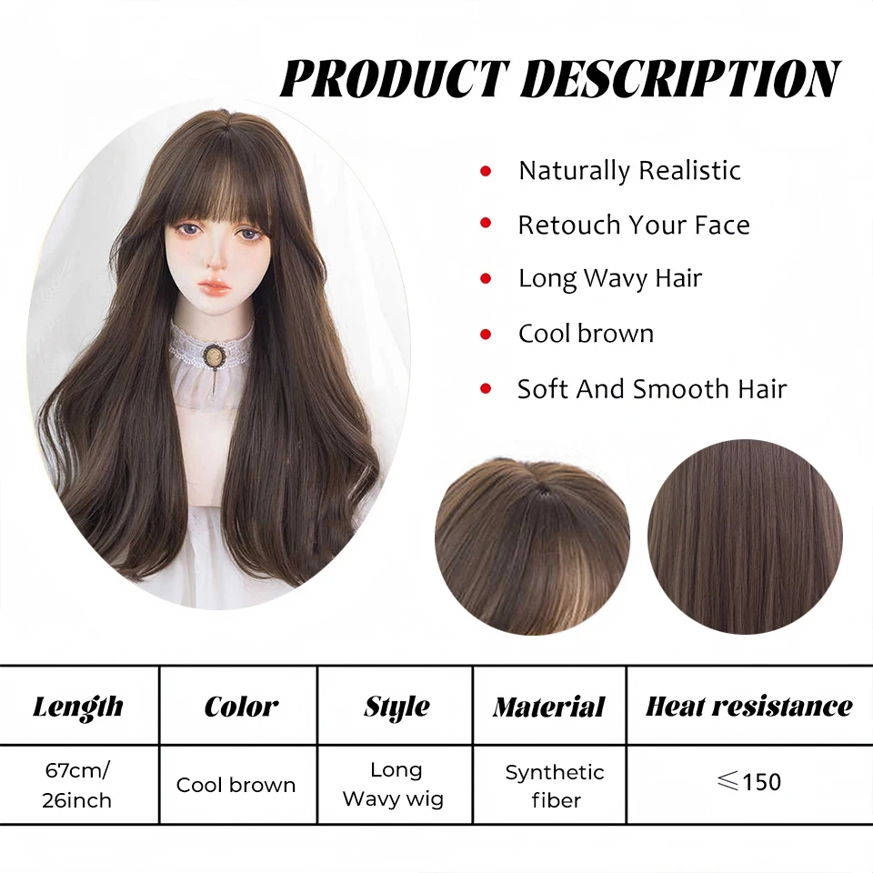 Brown Synthetic Long Deep Wave Wig For Women With Bangs