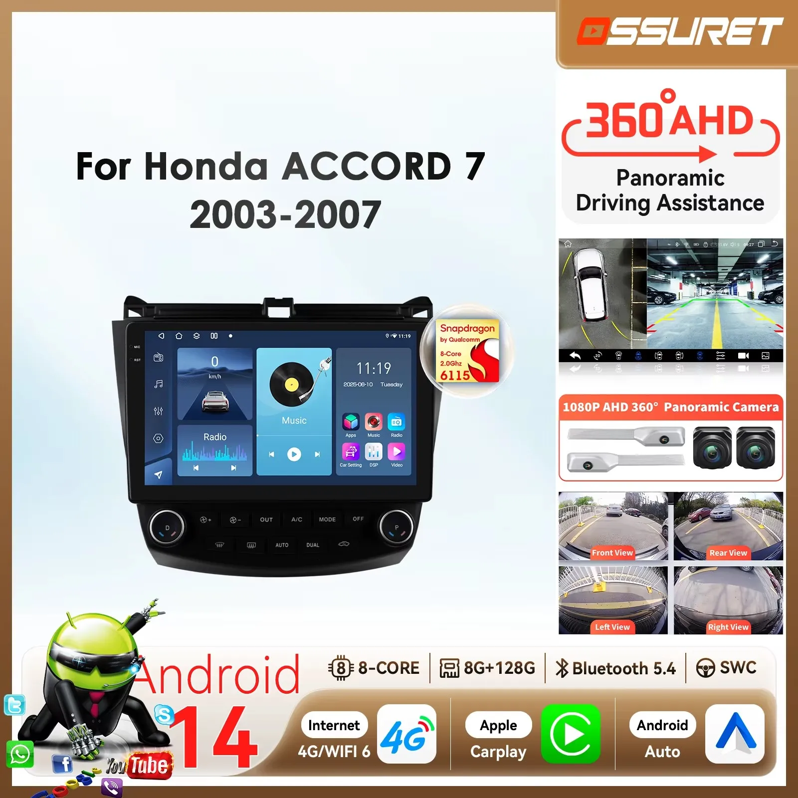 6115 Carplay Android 14 Car radio For Honda ACCORD Autoradio Multimedia player GPS 360 Camera Screen by Snapdragon