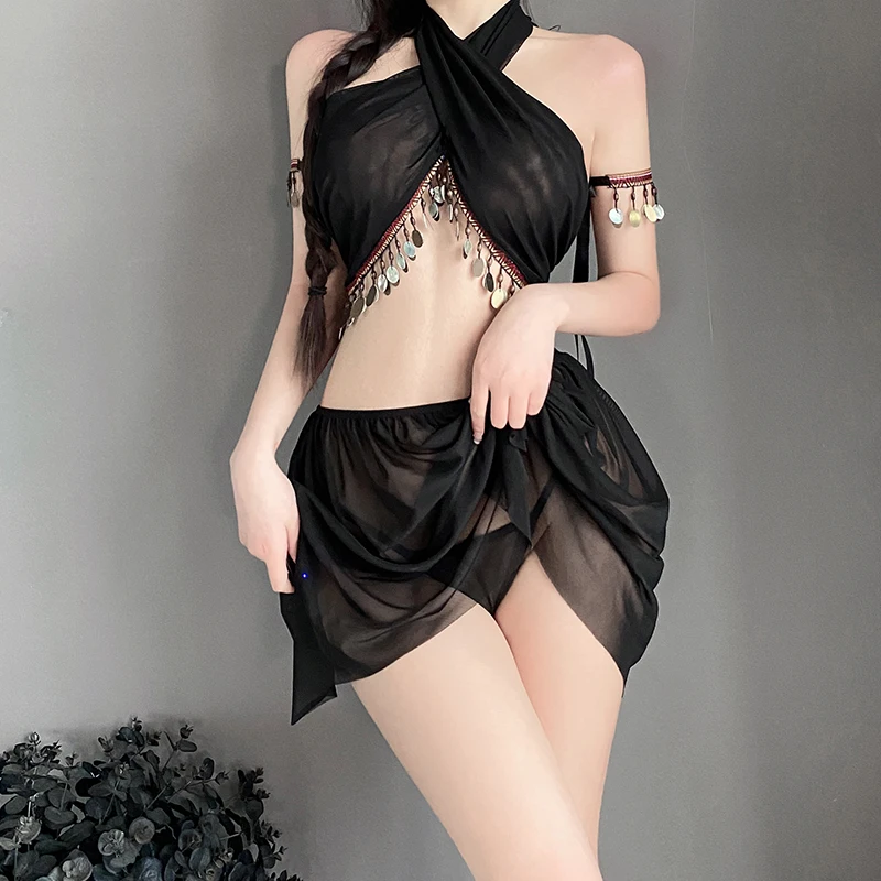 Ancient Persian and Egyptian Cosplay Lingerie Set Adorned with Metallic Accessories