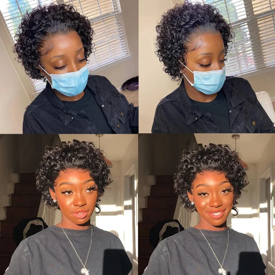 Human Hair Wigs Curly Pixie Cut Wig Lace Wig Water Curl Short Bob Human Hair For Women 13X1 Transparent Lace Hair Cheap Pre Plucked