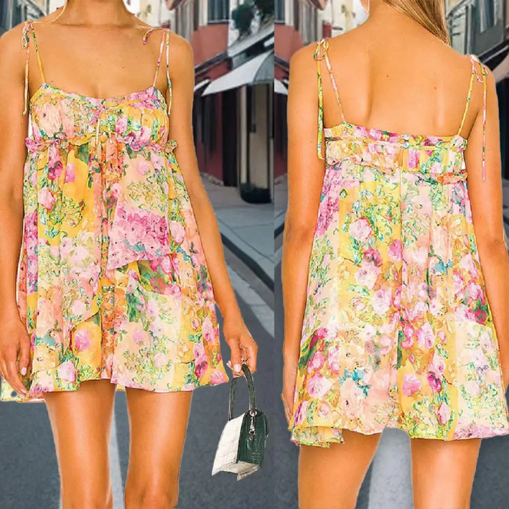 

Summer Floral Printed Strappy Mini Dress Yellow Backless Lace Up Spaghetti Strap Mini Dress Women Beach Party Ruffles Vestidos