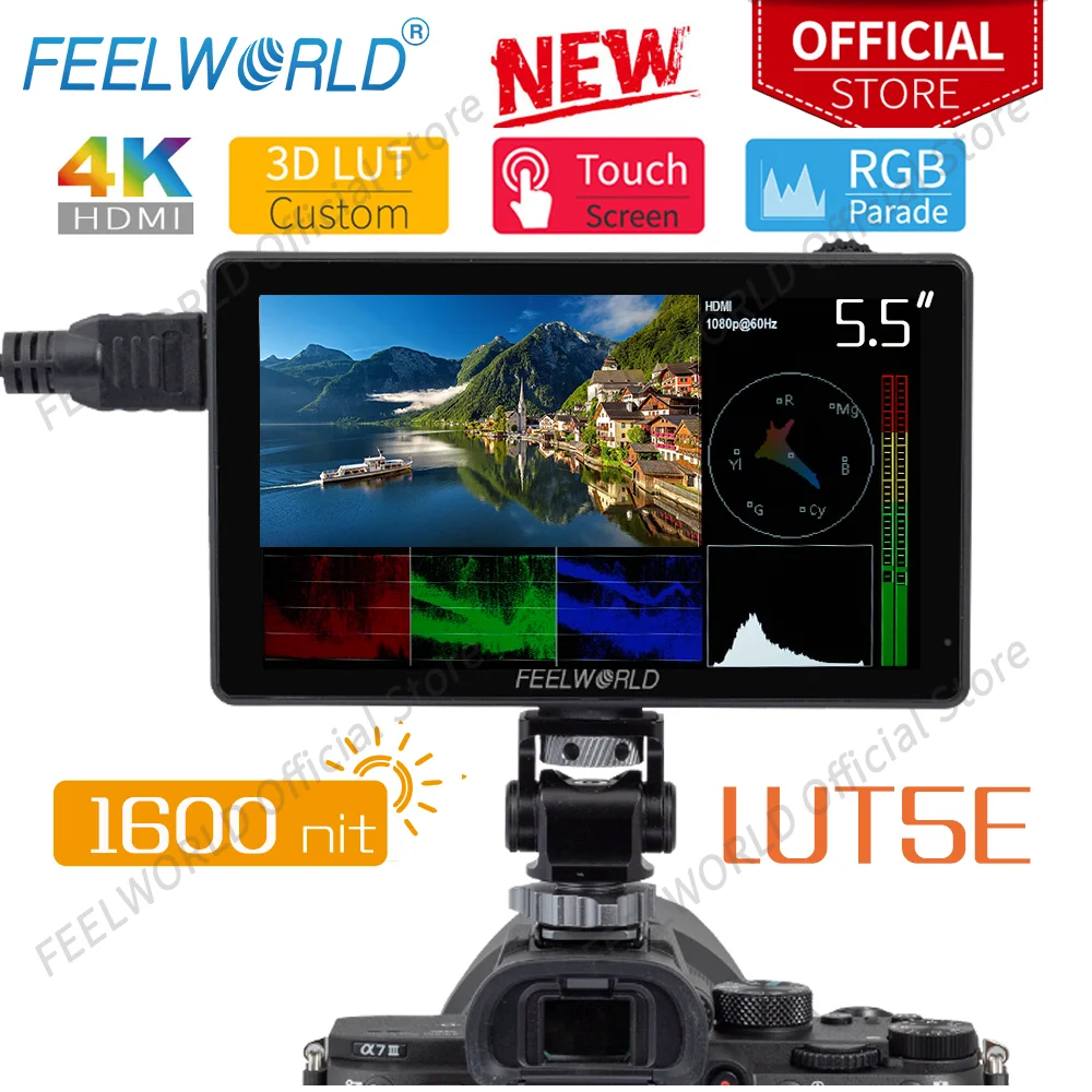 FEELWORLD LUT5E 고휘도 1600nit 터치 스크린, DSLR 카메라 필드 모니터, 광 센서 HDR 3DLUT, 유튜브 짐벌용, 5.5 인치 