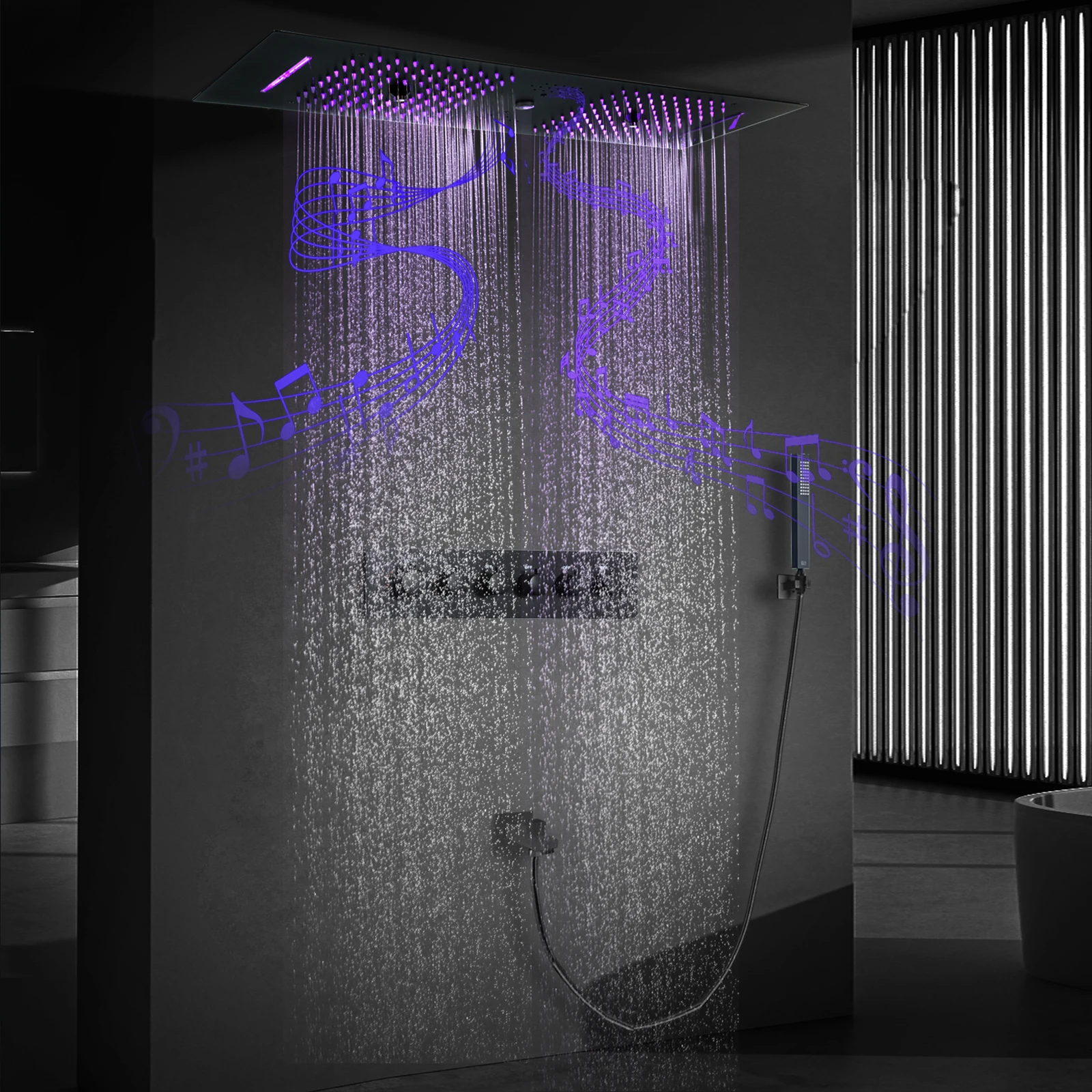 

Large 90×30cm Rain Shower Panel 5 Functions Matte Black Shower System Thermostatic Bathroom Faucet LED Music Shower Head