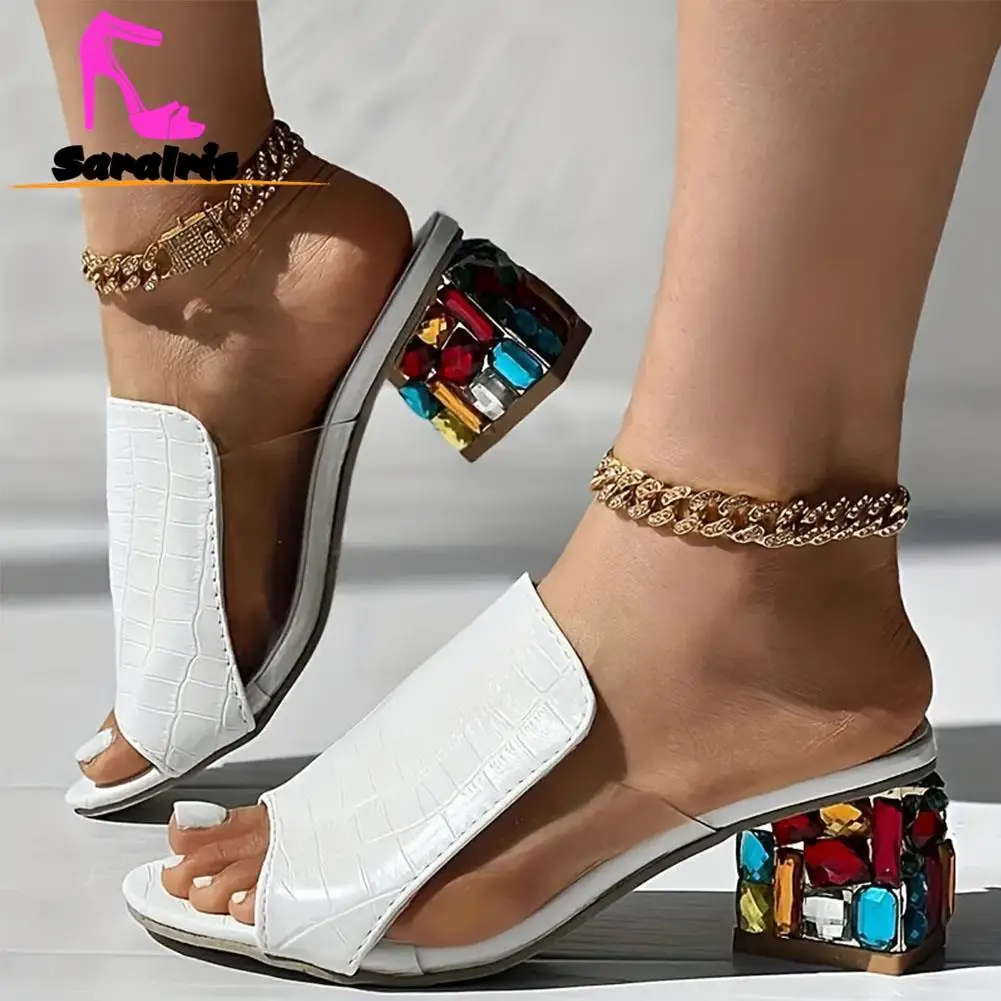 Chunky Heeled Women Sandals 2023 Hot Sale Rhinestone Heeled Peep Toe Lady Sandals Versatile Fashion Slip On Outwear Sandals