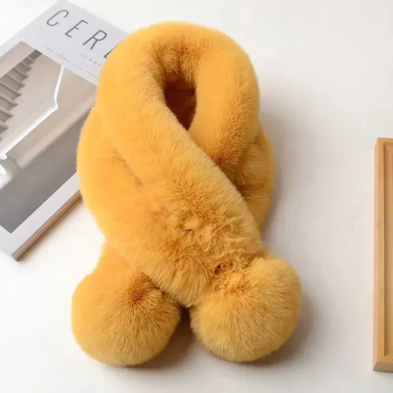 

Autumn Winter Fake Fur Rabbit Scarf Plush Thick Women's Cross Neck Warmer Collar Casual Female Lady Outdoor Furry Scarves