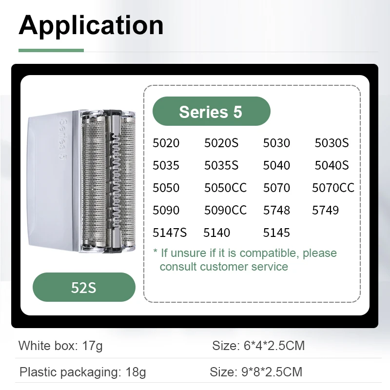 브라운 모델 5020S, 5030, 5030S, 5040, 5040S, 5050용 2PCS 5 시리즈 52S 면도기 교체 헤드