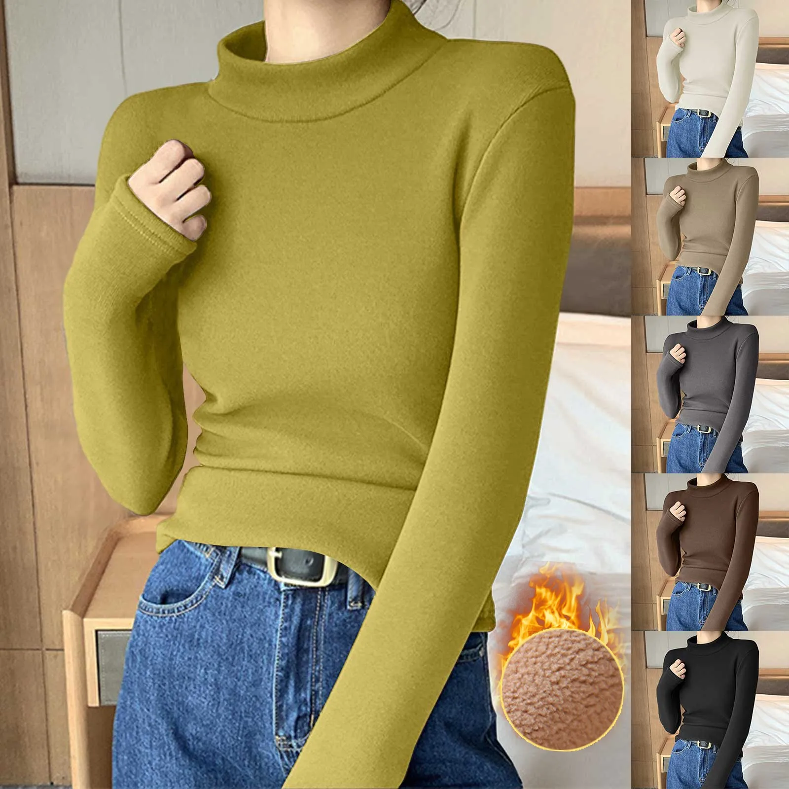 

Women's Solid Colour Plush Warm Half Turtleneck Slim Fit Knitted Bottoming Shirt Top Velvet Thickened Long Sleeve Thermal Tops