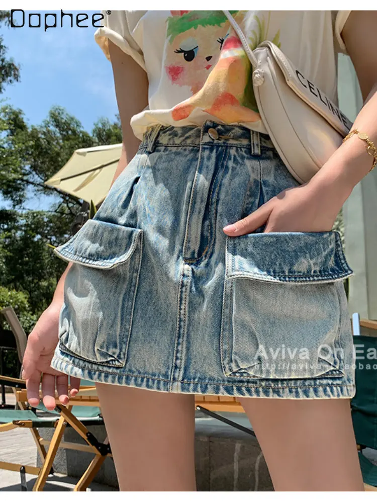 Hot Girl Retro Light Blue A- Line Pockets Short Jeans Skirts 2023 Summer New Streetwear Tooling Wide Leg Denim Skirt for Women