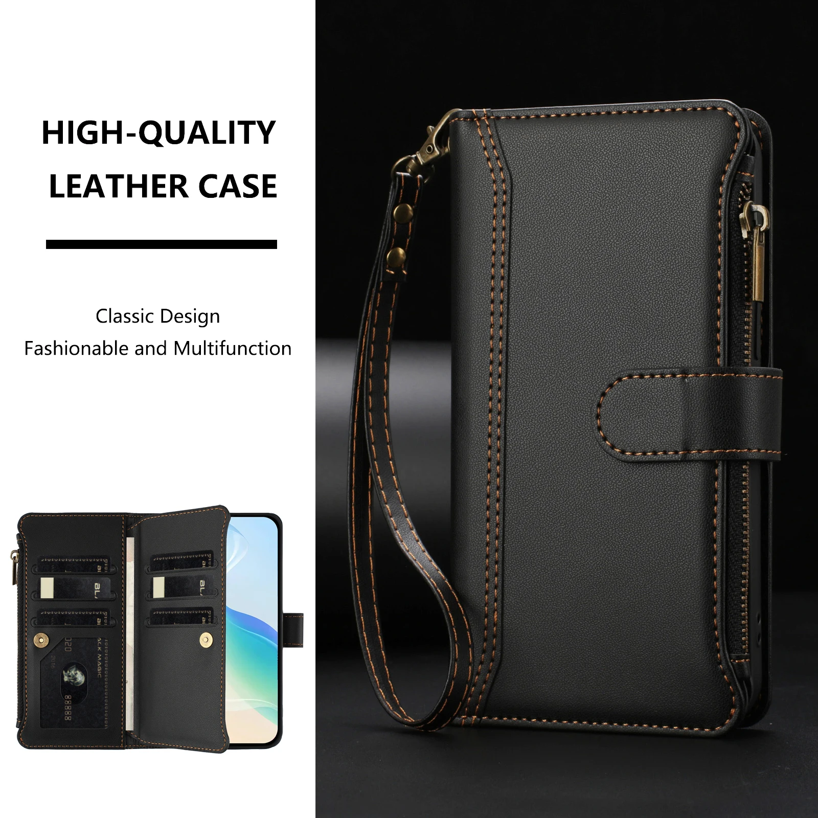 Premium Zipper Wallet Phone Case – Magnetic Leather Cover with 9 Card Slots
