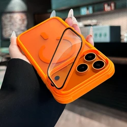 Foldable Camera Stand Holder with Matte Finish and Wireless Charging - Shockproof Case for iPhone 17 Pro Max (Orange)
