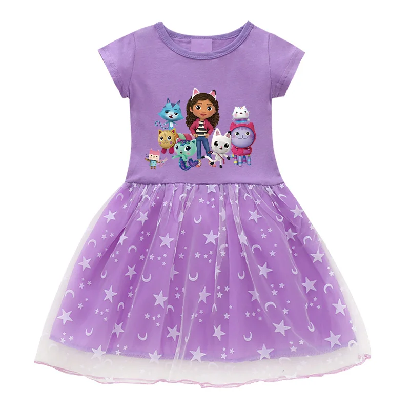 2024 New Summer Cartoon Gabby Cats Dresses Baby Girls Princess Dress Bag Headband Kids Gabby's Dollhouse Cosplay Costume 6