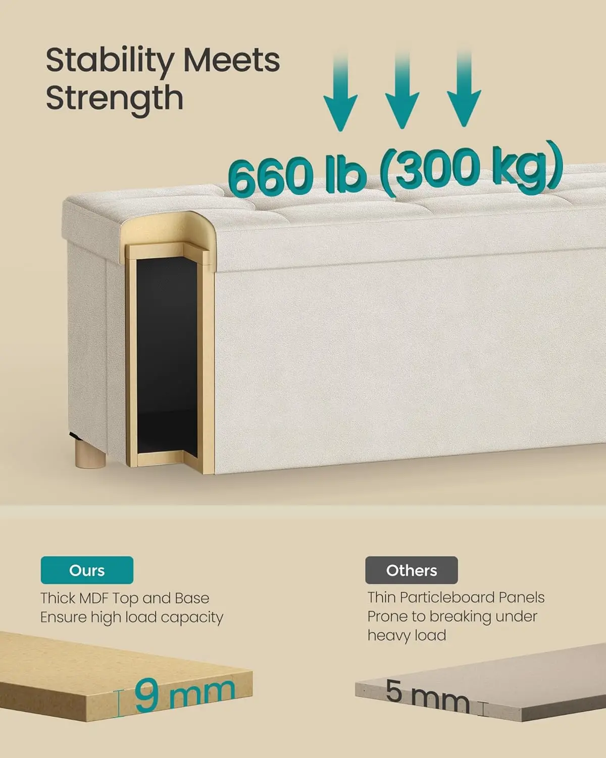 Storage Ottoman Bench, Folding Storage Chest, 15 x 43.3 x 15.7 Inches, Foot Rest Stool, 30 Gal. (112 L), Velvet Surface