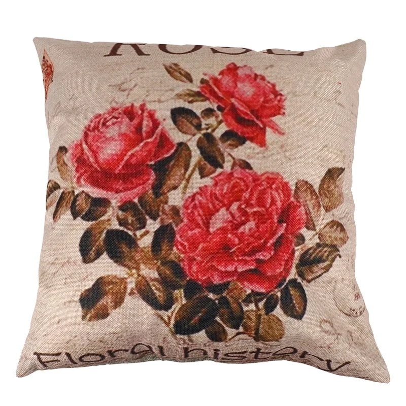 B49B-Vintage Floral/Flower Flax Decorative Throw Pillow Case Cushion Cover Home Sofa Decorative(3 Roses)