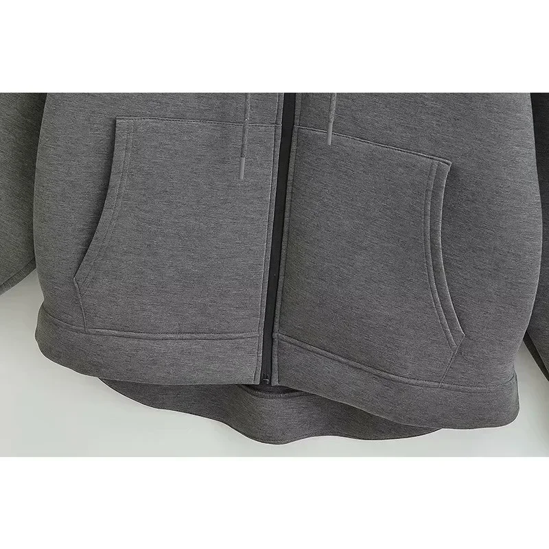 Gray Jacket With Hat Autumn Winter Woman Loose Casual Outerwear Coat Tops Women Long Sleeve Big Pocket Zipper Jacket Coat