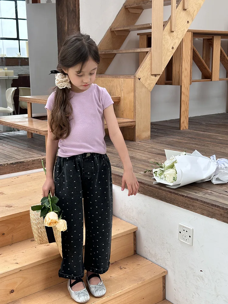 Modische Kinderjeans mit Allover-Print 2024 Neue Mädchenhosen im koreanischen Stil, dünne, lässige, gerade geschnittene Sommerhosen – Detail 8