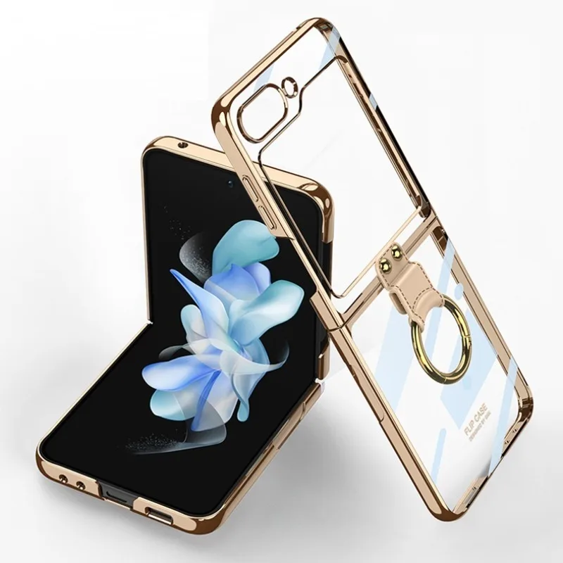 

Luxury Plating Clear Phone Case for Samsung Z Flip 4 5 Case with Ring Transparent Shockproof Cover for Galaxy Z Flip4 Flip5 Case